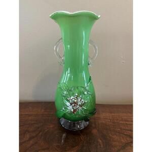 Vintage Emerald Green Floral Murano Vase